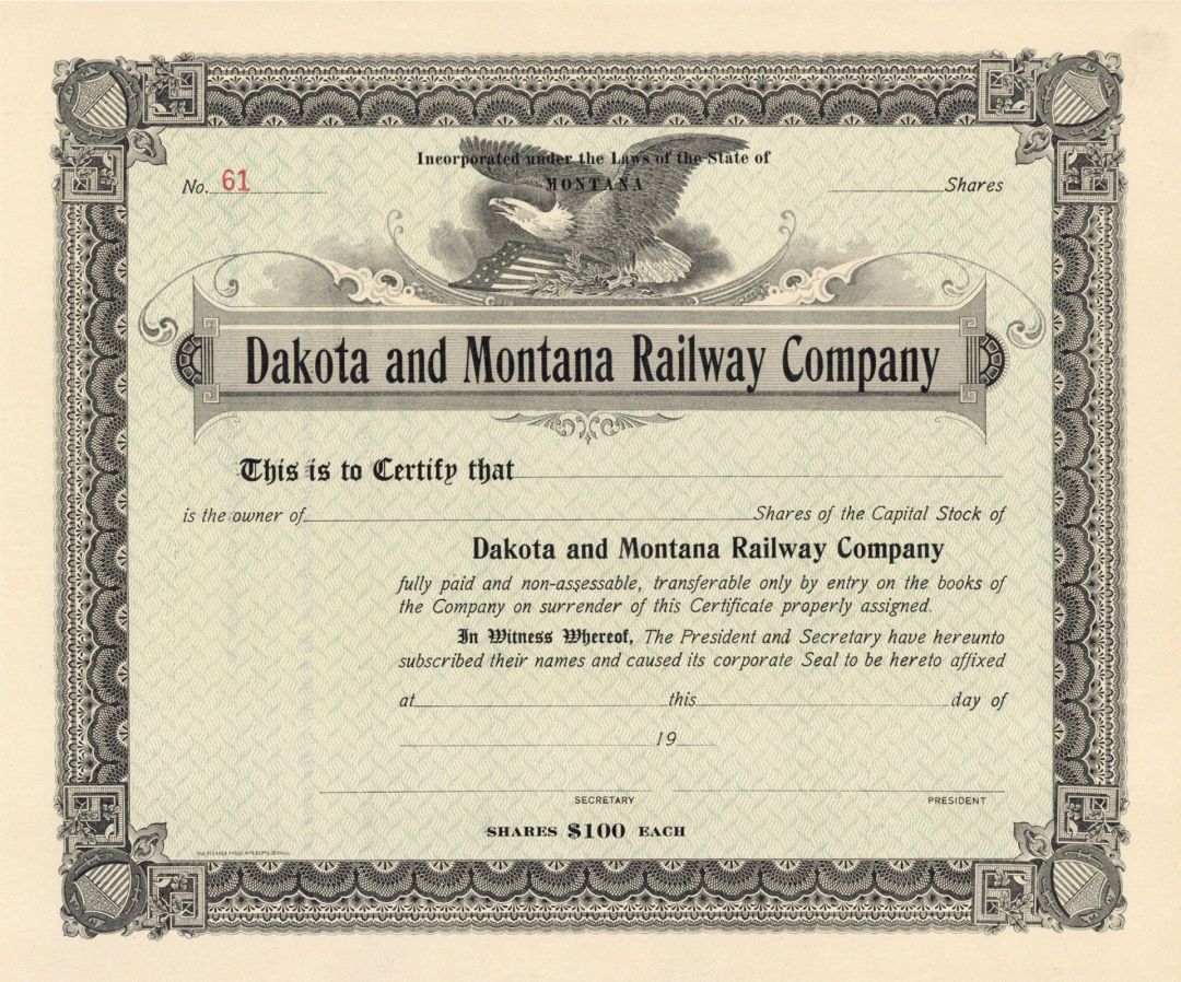 Dakota and Montana Railway Co. - Unissued Stock Certificate