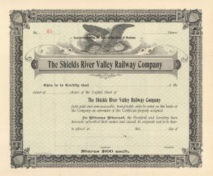 Shields River Valley Railway Co. - Northern Pacific Archive - Unissued Railroad Stock Certificate
