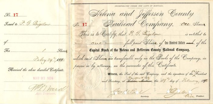 Helena and Jefferson County Railroad Co. - Montana Stock Certificate