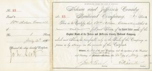 Helena and Jefferson County Railroad Co. - Issued to and Signed by William Nelson Cromwell - 1890's dated Montana Railway Stock Certificate