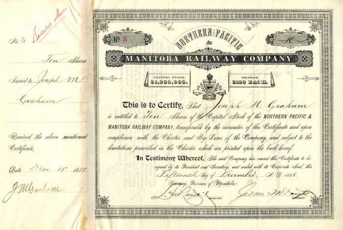 Northern Pacific and Manitoba Railway Co. - Railroad Stock Certificate