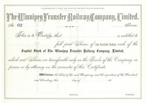 Winnipeg Transfer Railway Co., Limited  - Canadian Railroad Stock Certificate