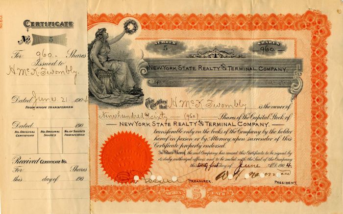 New York State Realty and Terminal Co. - Issued to Hamilton McKown Twombly Sr. Stock Certificate