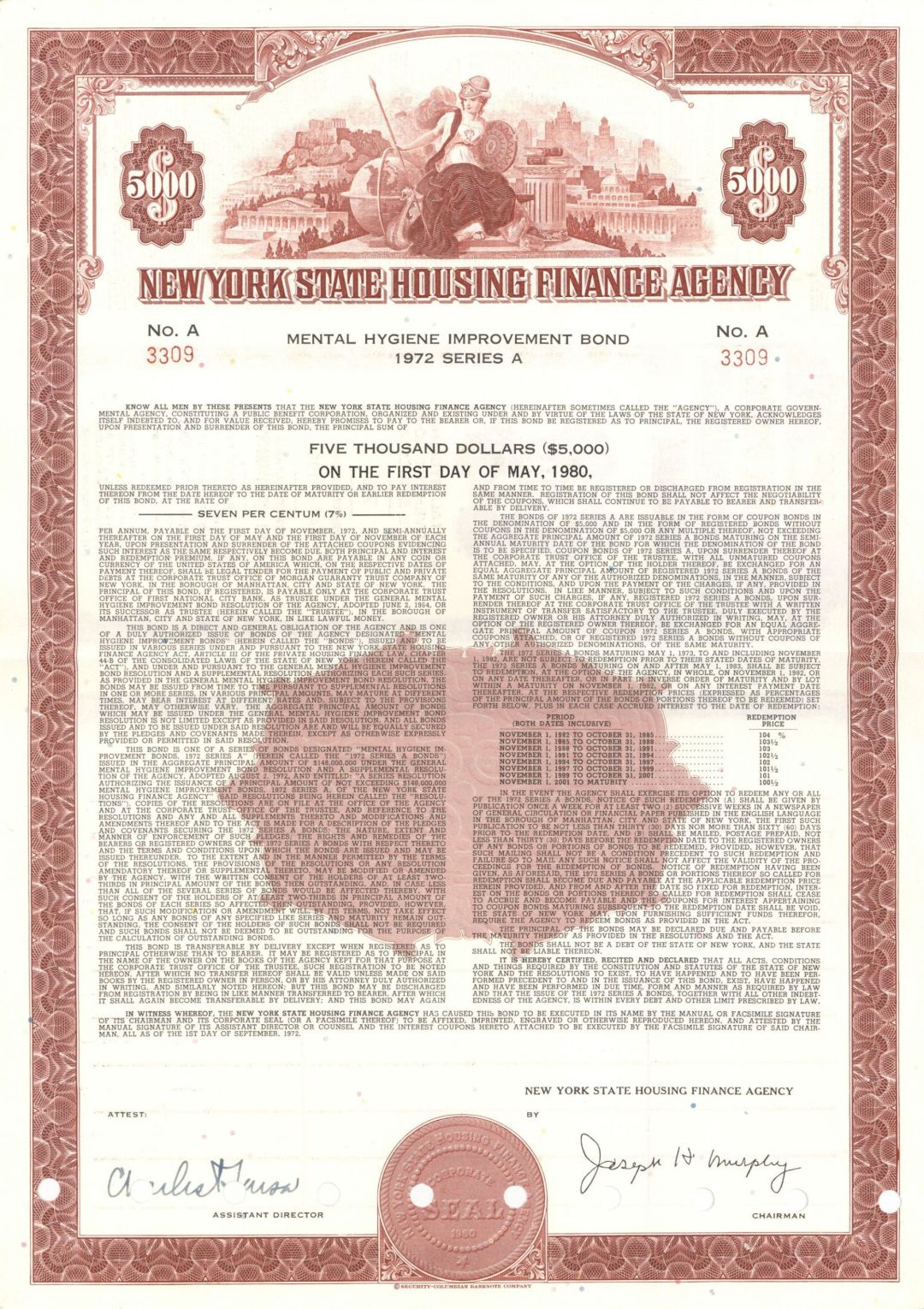 New York State Housing Finance Agency - 1972 dated $5,000 Mental Hygiene Improvement Bond