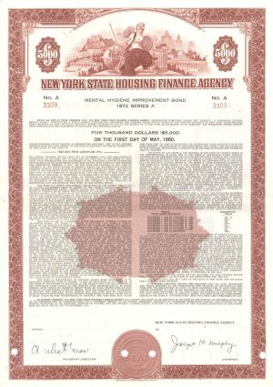 New York State Housing Finance Agency - 1972 dated $5,000 Mental Hygiene Improvement Bond