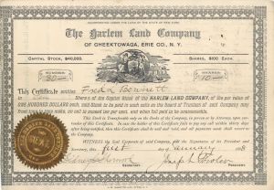 Harlem Land Co. of Cheektowaga, Erie Co., N.Y. - 1888 dated New York Stock Certificate