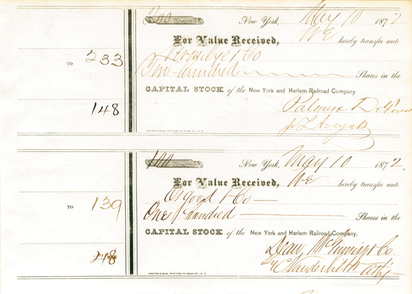 Cornelius Vanderbilt, Jr. signed New York and Harlem Railroad - Autograph Railway Stock Certificate
