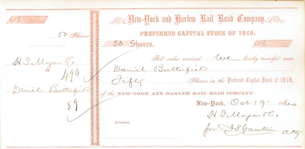 Daniel Butterfield - New York and Harlem Railroad - Railway Stock Certificate