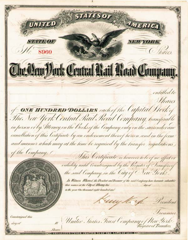 Henry Keep signed New York Central Railroad - Unissued Stock Certificate