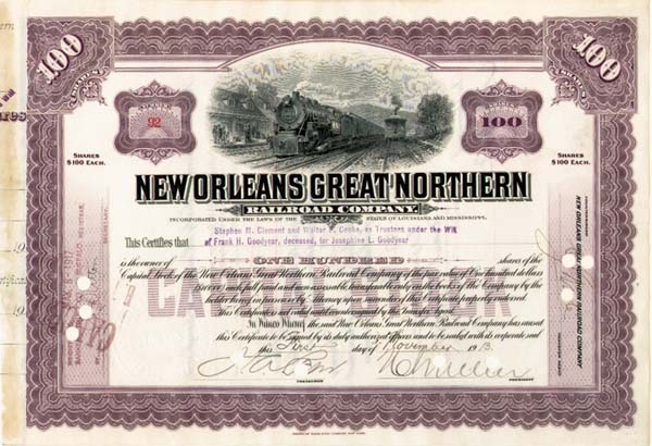 Goodyear Will - New Orleans Great Northern Railroad - Stock Certificate