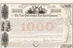 New York Central Railroad Co $1,000 Bond signed by Erastus Corning - Autograph