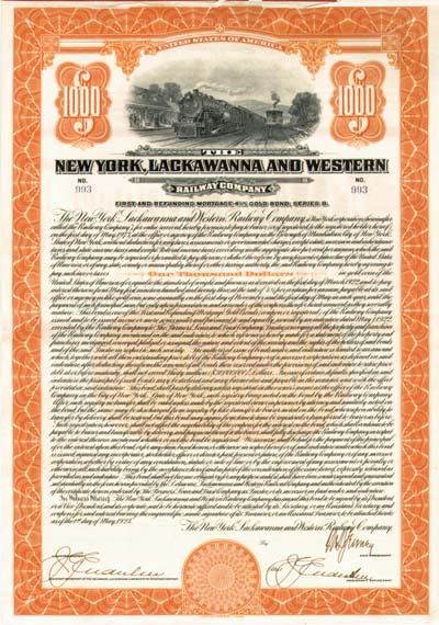 New York, Lackawanna and Western Railway Co. - $1,000 Bond (Uncanceled)