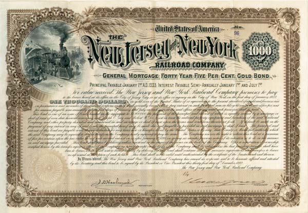 New Jersey and New York Railroad Co. - Bond (Uncanceled)