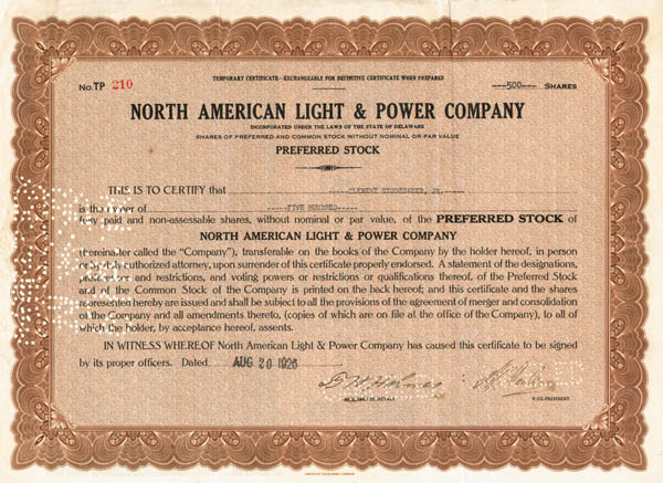 Clement Studebaker, Jr - North American Light and Power Co - Stock Certificate