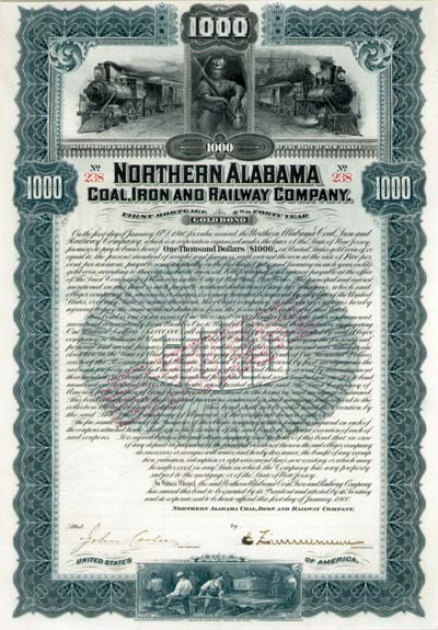 Northern Alabama Coal, Iron and Railway Co. - $1,000 5% Gold Bond (Uncanceled)