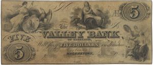 The Valley Bank of Maryland - 1856 dated Hagerstown, MD Obsolete Banknote - Paper Money - SOLD