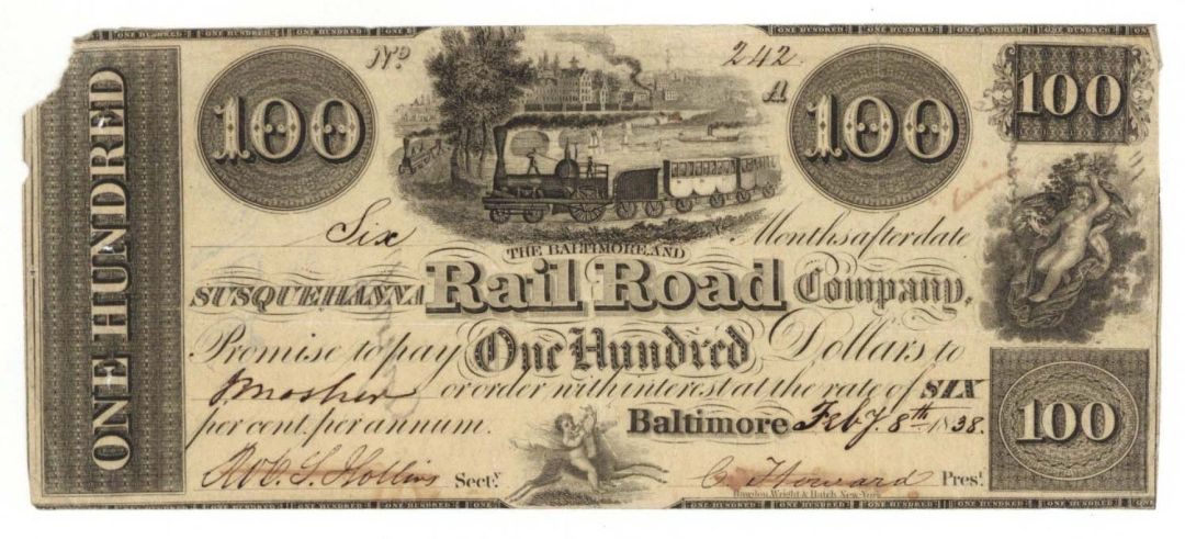 Susquehanna Railroad Co. - 1838 dated Obselete Note - Broken Banknote