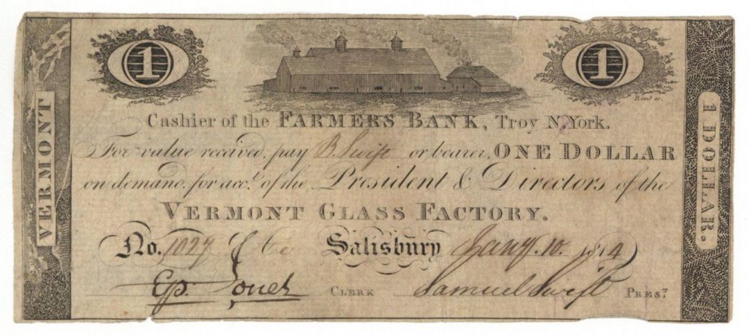 Vermont Glass Factory $1 - Obsolete Paper Money
