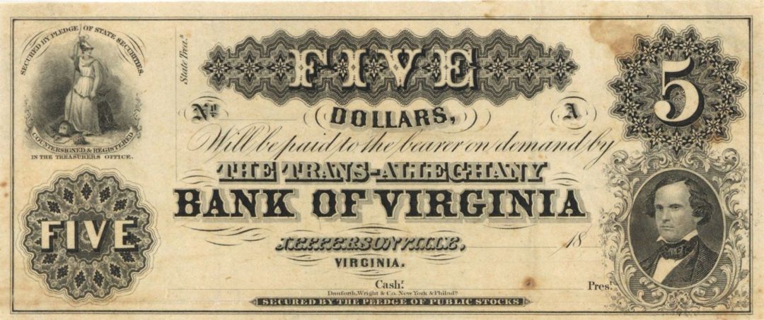 The Trans-Alleghany Bank of Virginia $5 - circa 1800's Obsolete Banknote - Jeffersonville, Virginia Paper Money