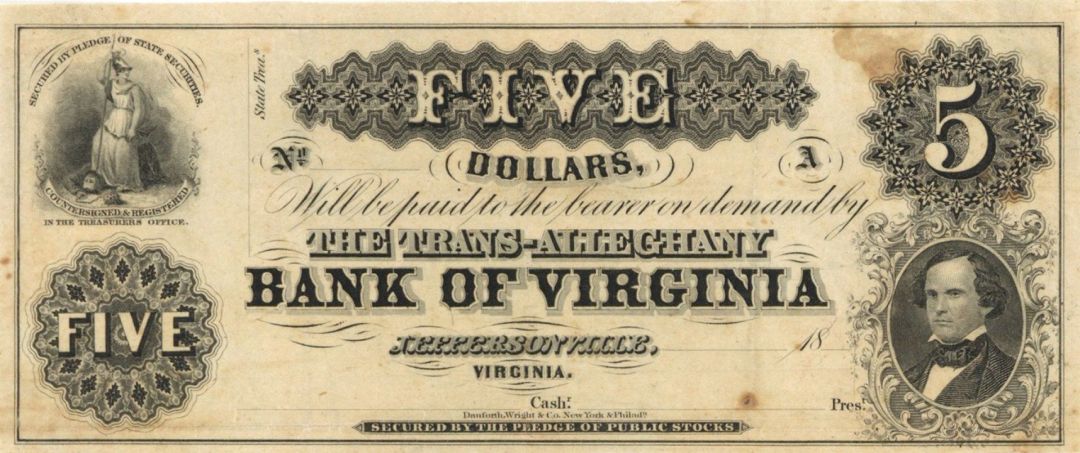 The Trans-Alleghany Bank of Virginia $5 - Obsolete Banknote