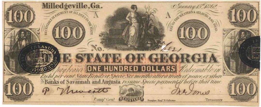 The State of Georgia - Obsolete State Currency - Banknote dated 1862