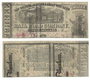 New Orleans, Jackson and Great Northern Railroad Co.$3 - Obsolete Banknote - Paper Money - SOLD