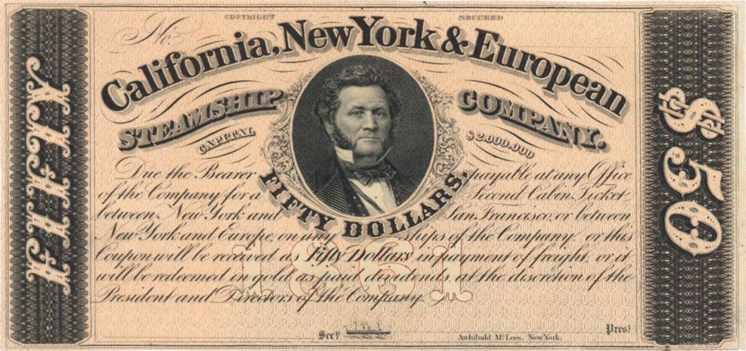 California, New York and European Steamship Co. $50 - Obsolete Notes