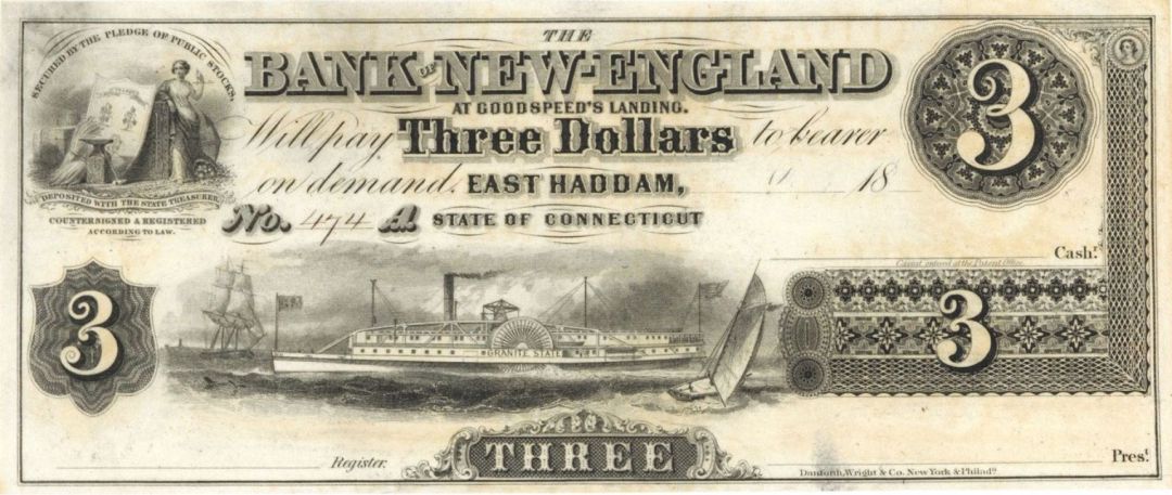 Bank of New England $3 - Obsolete Notes