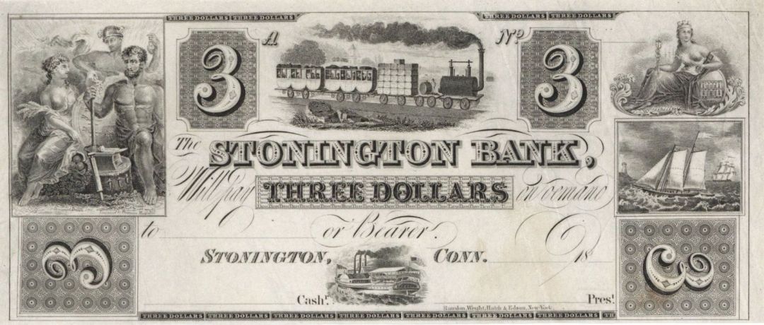 Stonington Bank $3 Note - Obsolete Note - Stonington, Connecticut