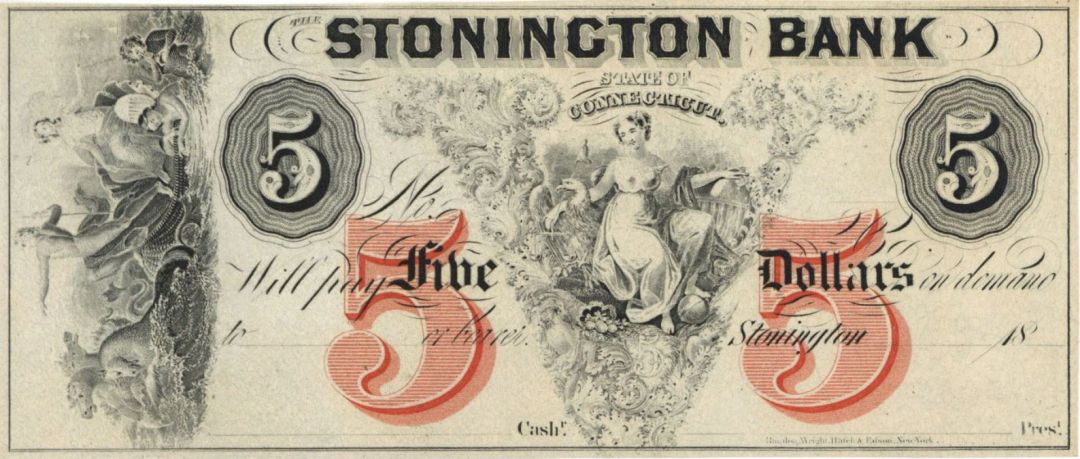 Stonington Bank $5 Note - Connecticut Obsolete Note - Broken Banknote - Remainder