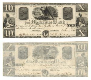 Mechanics Bank $10 - 1861 dated Augusta, Georgia Obsolete Currency