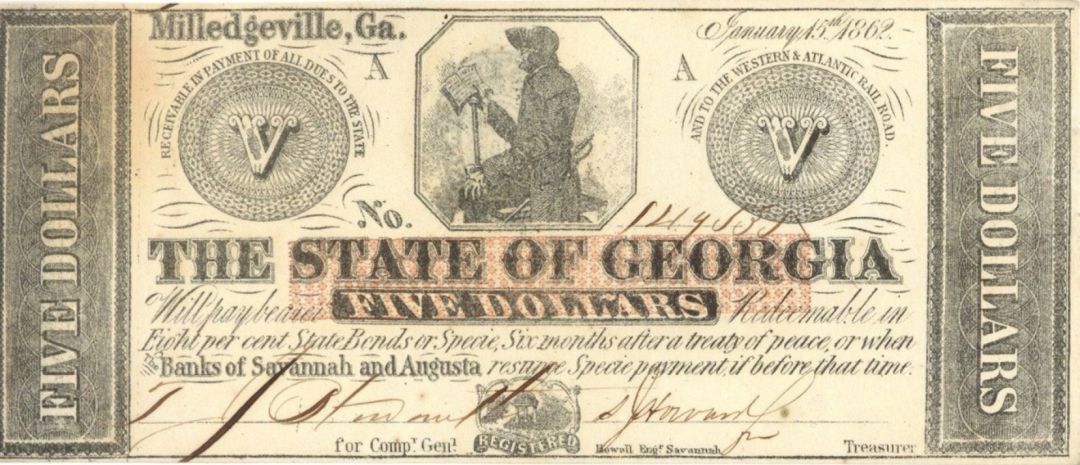 State of Georgia $5 - Obsolete Banknote - Paper Money