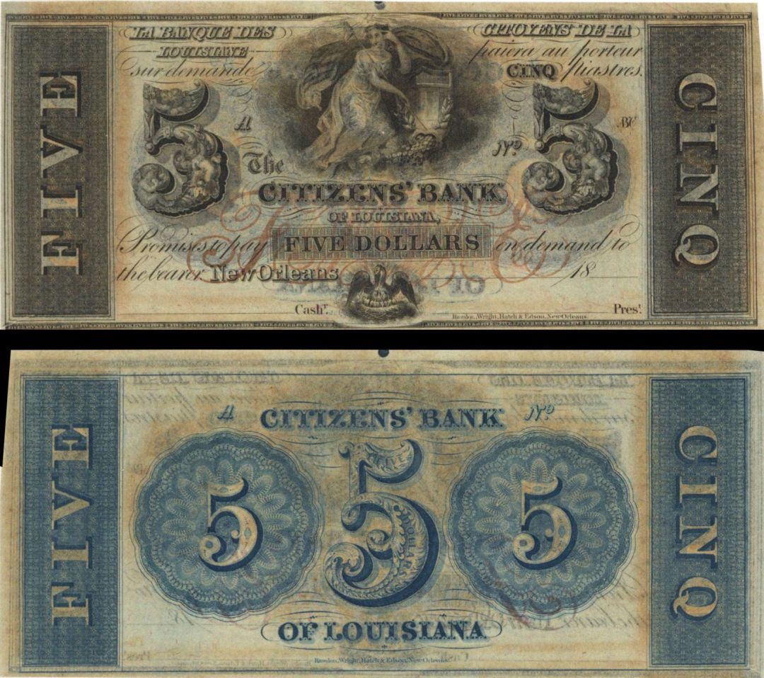 Citizens' Bank of New Orleans, Louisiana $5 - Broken Bank Note Remainder - Obsolete Banknote 