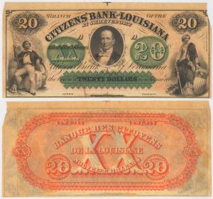 Citizens' Bank of Louisiana $20 Obsolete Note - Broken Banknote - US Currency - Shreveport, Louisiana