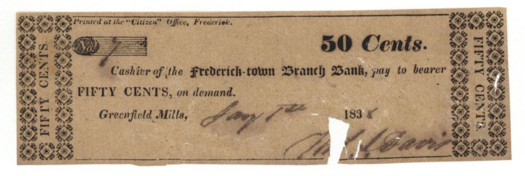 Frederick-town Branch Bank 50 Cents - Obsolete Notes