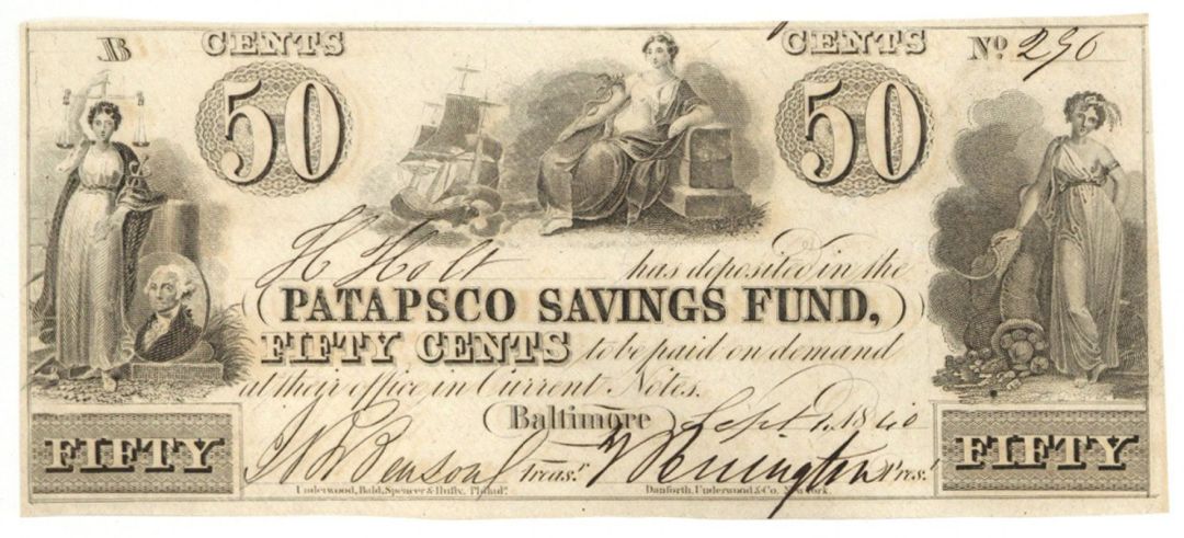 Patapsco Savings Fund 50 Cents - 1840 dated Fractional Obsolete Note - Baltimore, Maryland