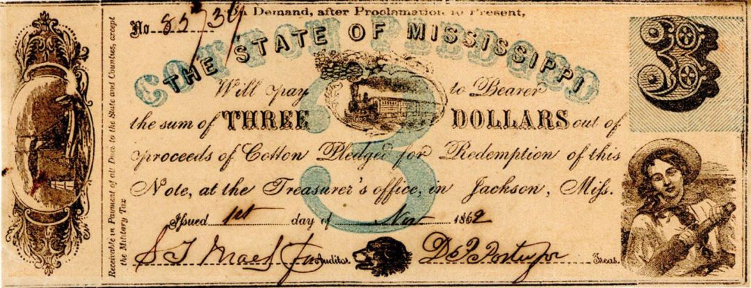 State of Mississippi $3 - Obsolete Notes