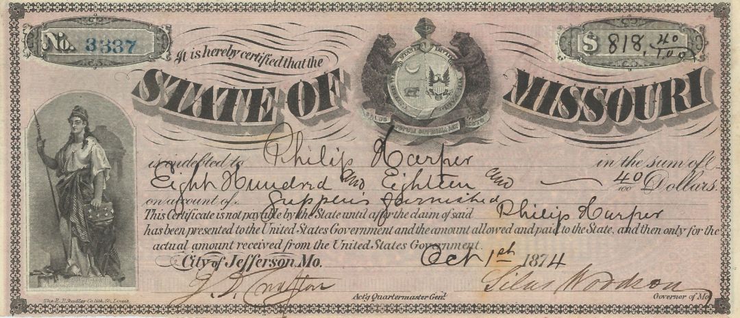 1874 dated Missouri Promissory Note signed by Governor Silas Woodson - State of Missouri