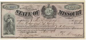 1874 dated Missouri Promissory Note signed by Governor Silas Woodson - State of Missouri