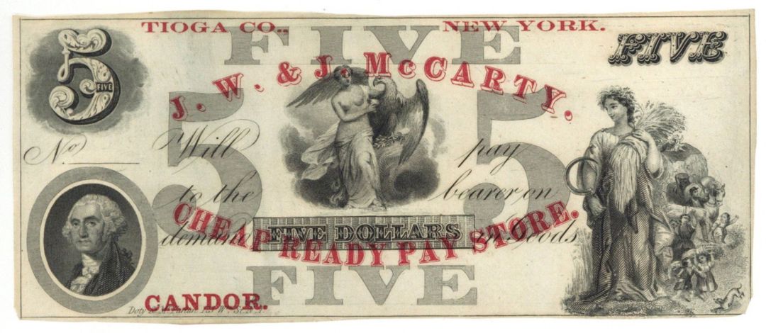 J.W. and J. McCarty $5 Ad Note - Obsolete Notes