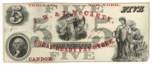 J.W. and J. McCarty $5 Ad Note - 1850's dated Obsolete Note - SOLD