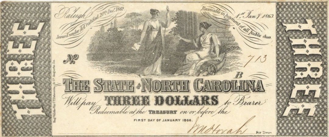 State of North Carolina $3 - 1863 dated Raleigh, NC Obsolete Note - Civil War Dated