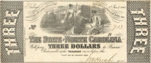State of North Carolina $3 - 1863 dated Raleigh, NC Obsolete Note - Civil War Dated - SOLD