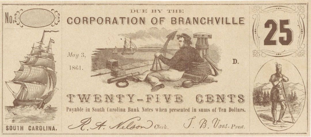 Corporation of Branchville, South Carolina 25 cents Note - May 3, 1861 dated Obsolete Note - Broken Banknote