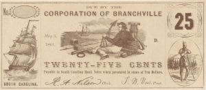 Corporation of Branchville, South Carolina 25 cents Note - May 3, 1861 dated Obsolete Note - Broken Banknote - SOLD