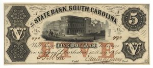 State Bank, South Carolina $5 - Obsolete Notes