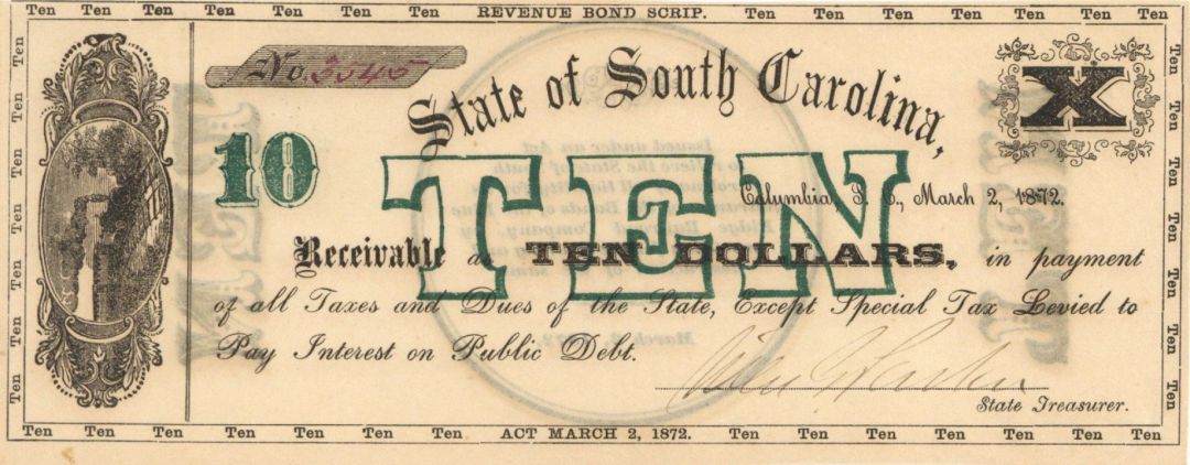 State of South Carolina $10 - Obsolete Notes