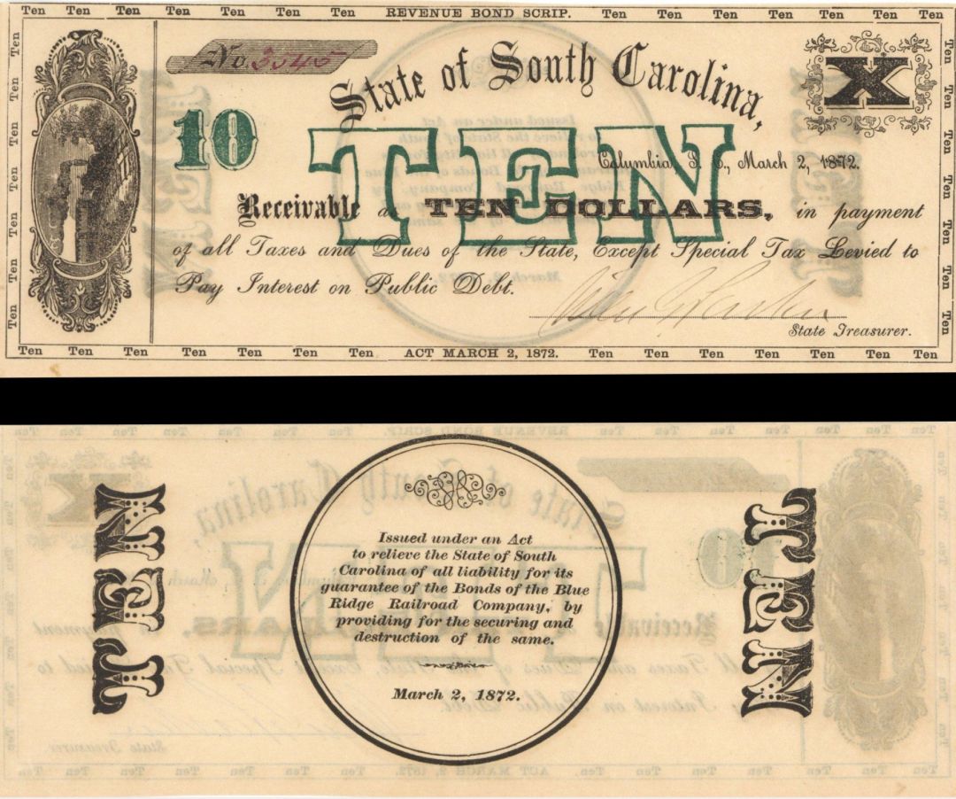 State of South Carolina $10 - Obsolete Notes