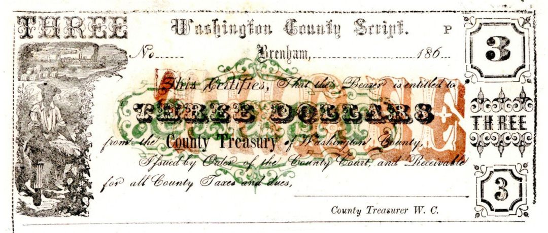 Washington County, Brenham, Texas Script $3 Note - 1860's dated Obsolete Note - Broken Banknote - Remainder