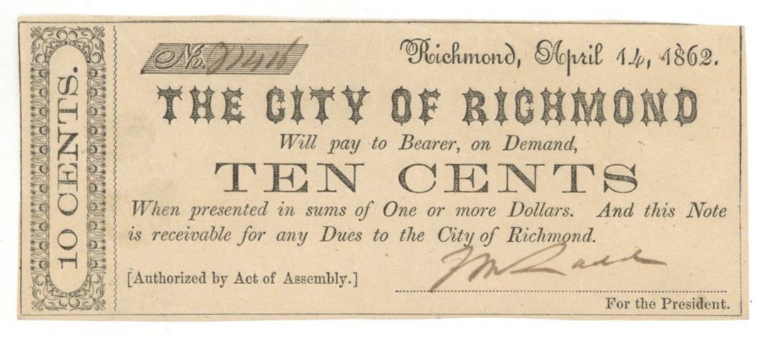 City of Richmond 10 cents - Obsolete Notes